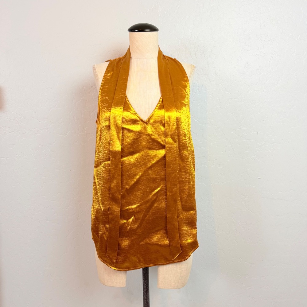 Maeve Anthropologie Gold Hammered Satin V-Neck Scarf Tie Tank Top Size 8